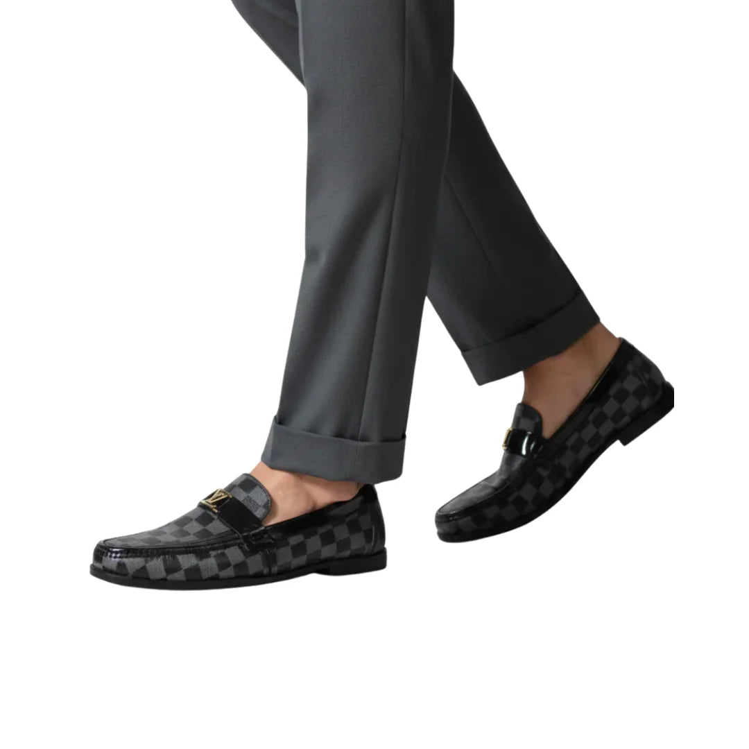 Men’s LV Luxury Checkered Leather Loafers  – Black & Grey Formal Shoes