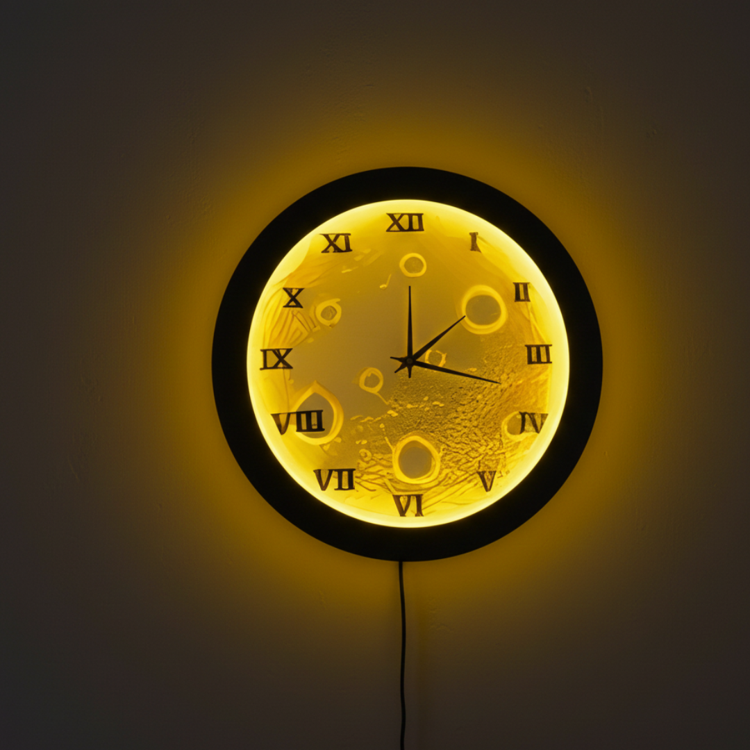 Premium Quality Modern Handmade LED Wall Clock with Night Glow Moon Lamp