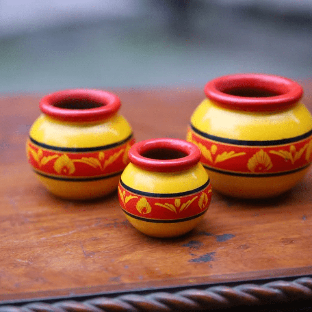 3 - Piece Yellow Painted Clay Pot Set - Simple & Traditional Kitchen Decor - AlifdukanAlifdukan types here :)