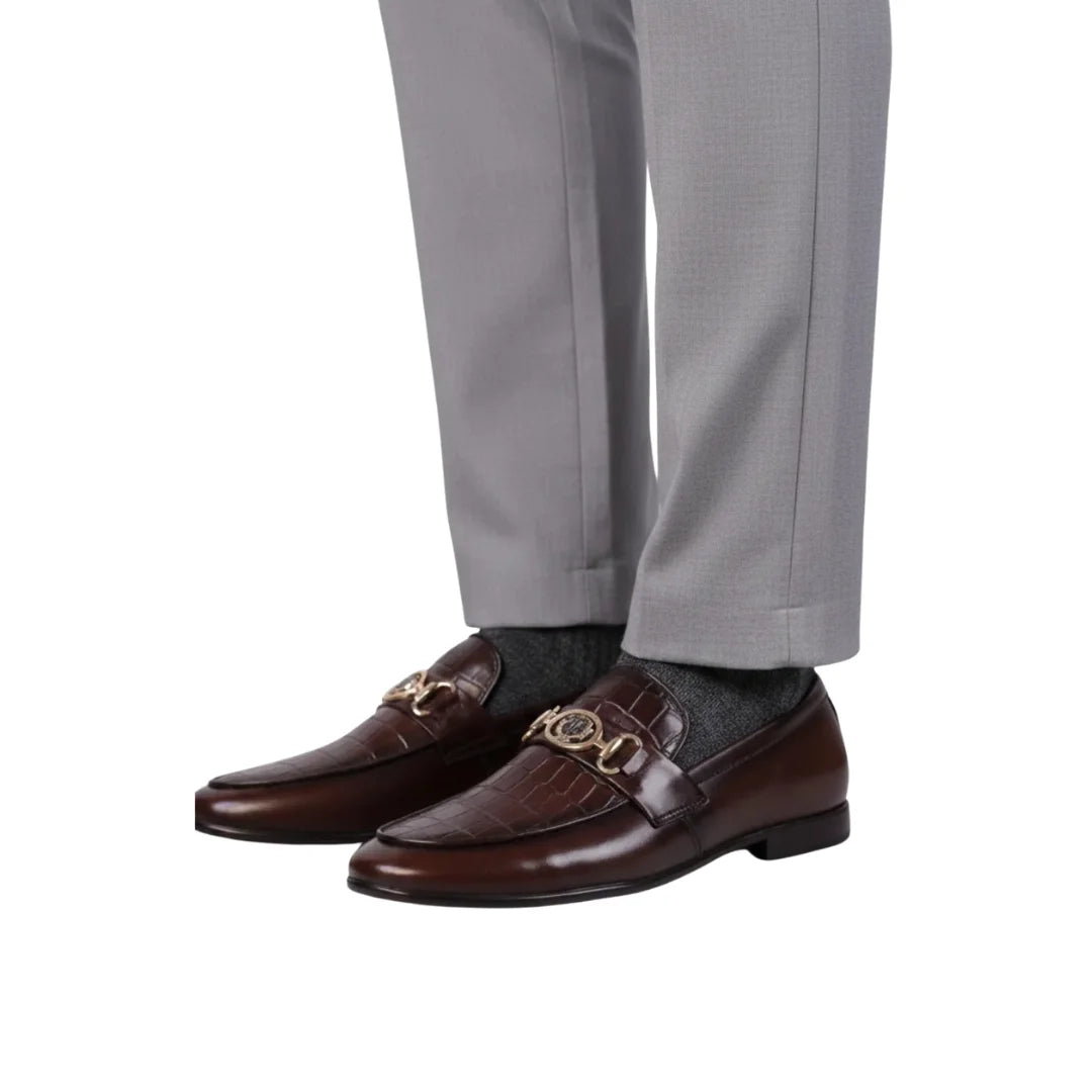 Brown Crocodile-Texture Leather Loafers with Metal Bit