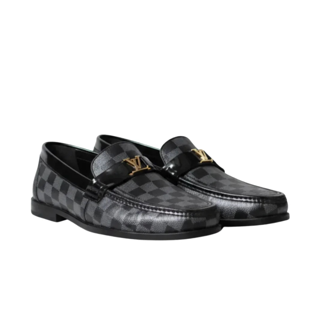Men’s LV Luxury Checkered Leather Loafers  – Black & Grey Formal Shoes