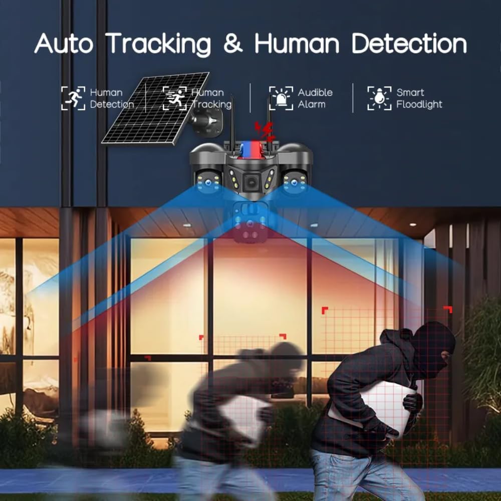 4G Solar Triple Lens 5MP Outdoor CCTV Camera | 3 - Screen View | Manual Side Rotation| Auto Tracking | Human Detection | Color Night Vision | Two - Way Audio | Multi - User Access - AlifdukanAlifdukan types here :)