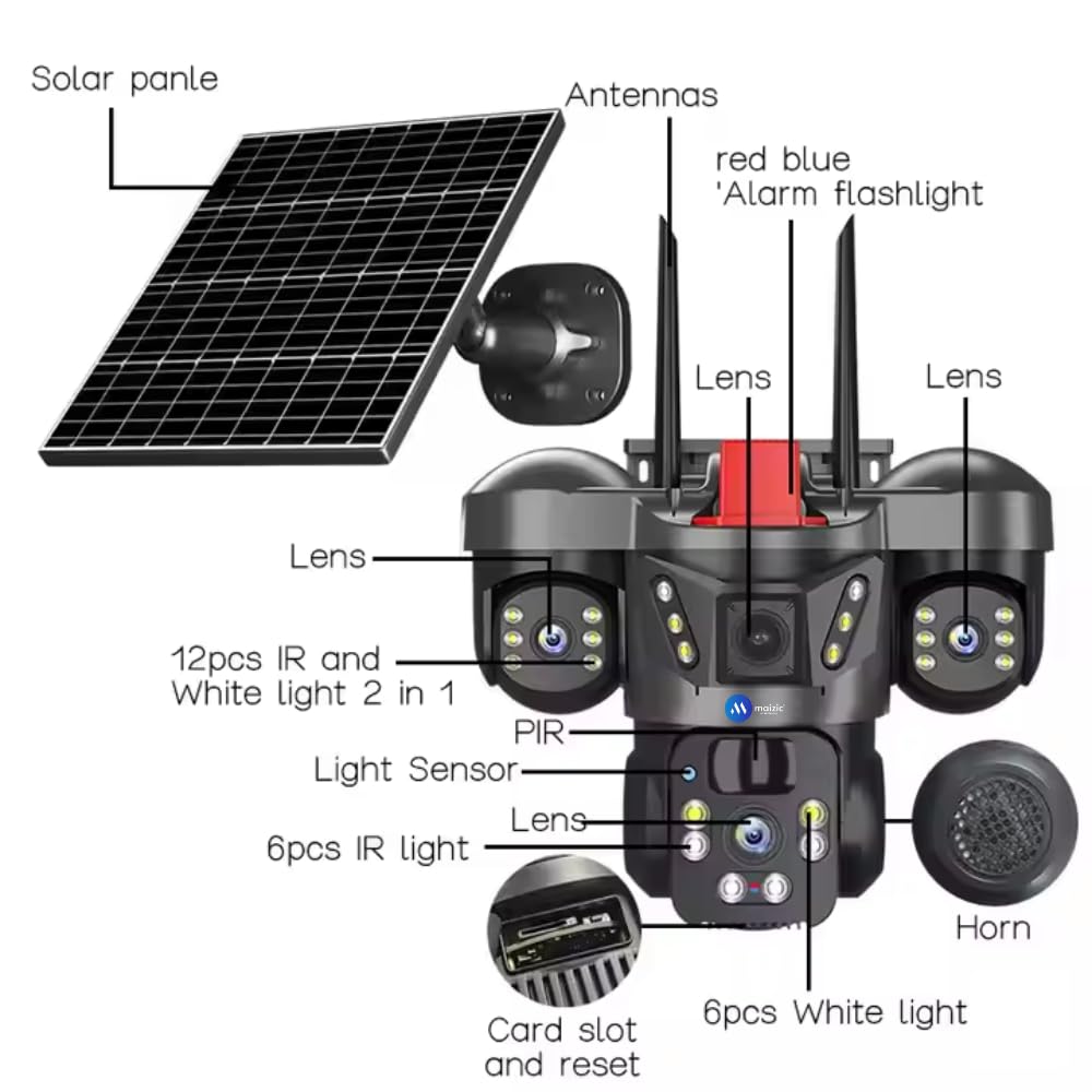 4G Solar Triple Lens 5MP Outdoor CCTV Camera | 3 - Screen View | Manual Side Rotation| Auto Tracking | Human Detection | Color Night Vision | Two - Way Audio | Multi - User Access - AlifdukanAlifdukan types here :)