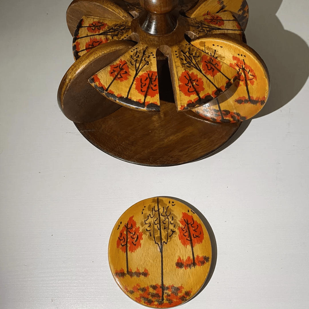 6pcs Wooden Hand - crafted & Hand - Painted Wooden Coasters And Stand - AlifdukanAlifdukan types here :)