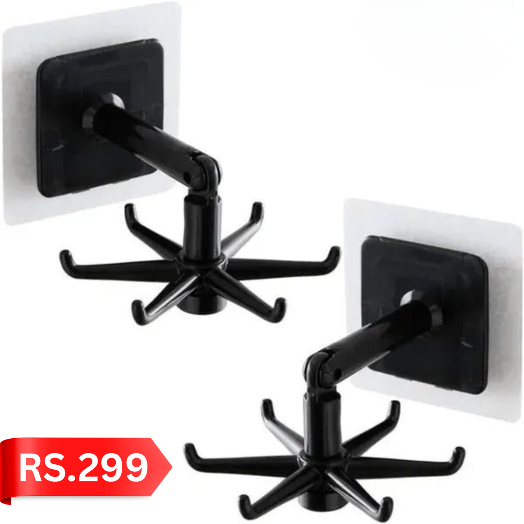 Goeielewe Kitchen Utensil Holder Hooks Heavy Duty, Plastic Self-Adhesive Hooks 360 ° Rotatable Folding Wall Hangers Racks with 6 Hooks for Kitchen, Bathroom, Office (Black)