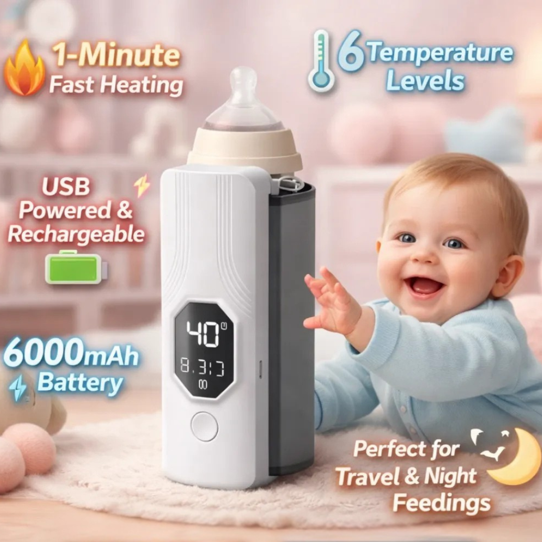 Portable Baby Bottle Warmer with Digital Display | 6-Level Temperature Control | USB Rechargeable