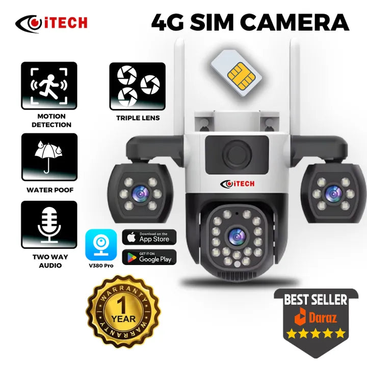 iTECH 4G SIM Security Camera | Triple Lens | Motion Detection | Two-Way Audio | Waterproof Outdoor CCTV