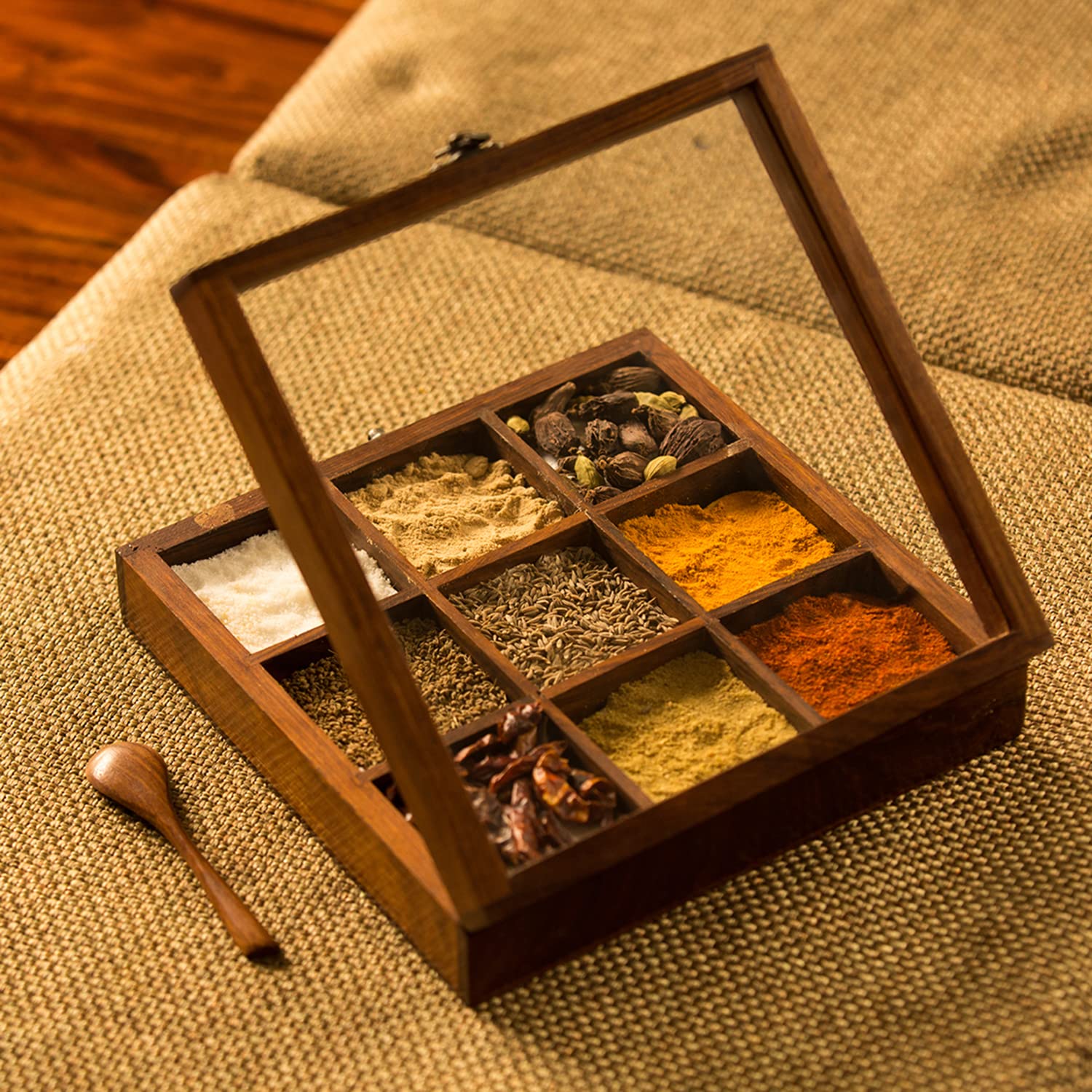 Bikler Handcrafted Antique Sheesham Wooden Spice Box with 9 Piece Container Durable Rectangular Kitchen Box to use as Spice Masala or Dry Fruit Holder or Condiment Set - AlifdukanAlifdukan types here :)