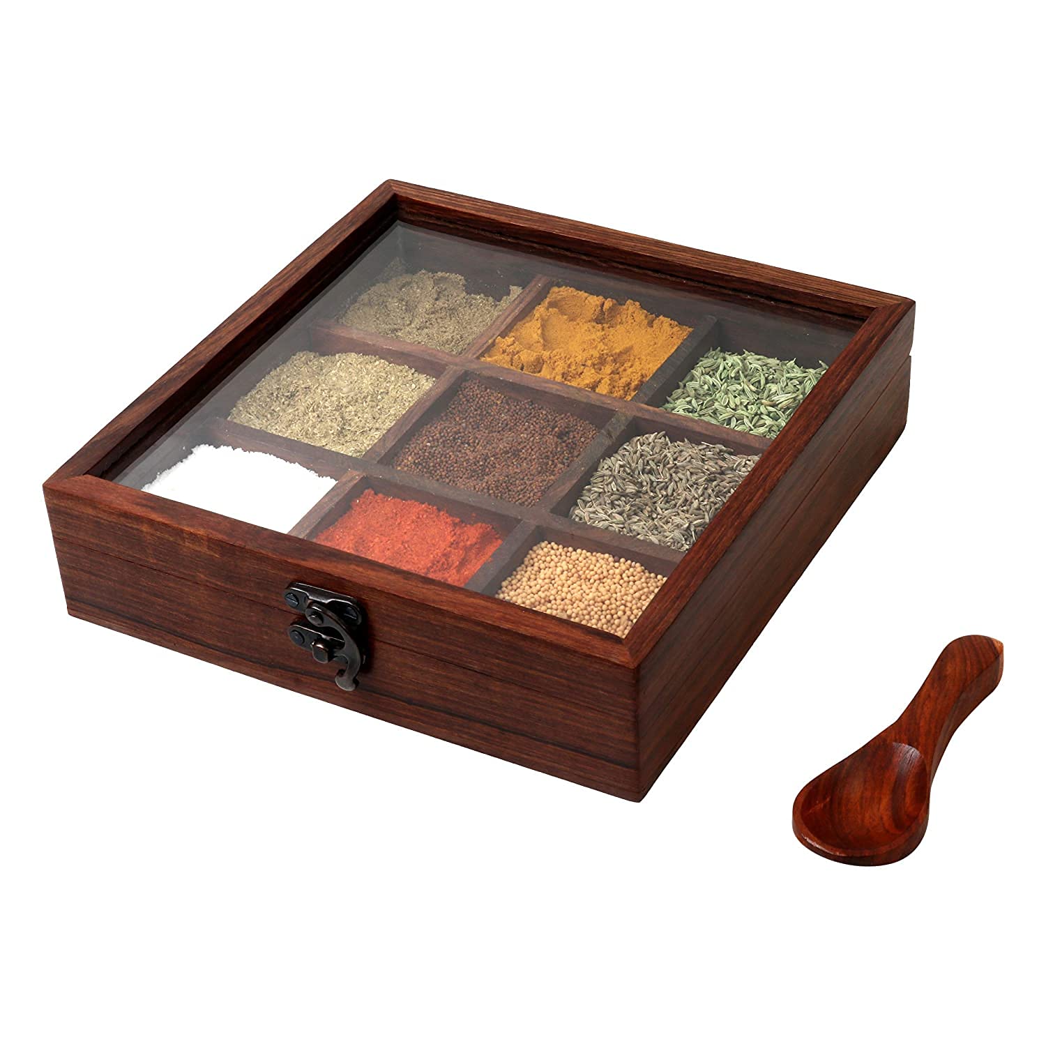 Bikler Handcrafted Antique Sheesham Wooden Spice Box with 9 Piece Container Durable Rectangular Kitchen Box to use as Spice Masala or Dry Fruit Holder or Condiment Set - AlifdukanAlifdukan types here :)