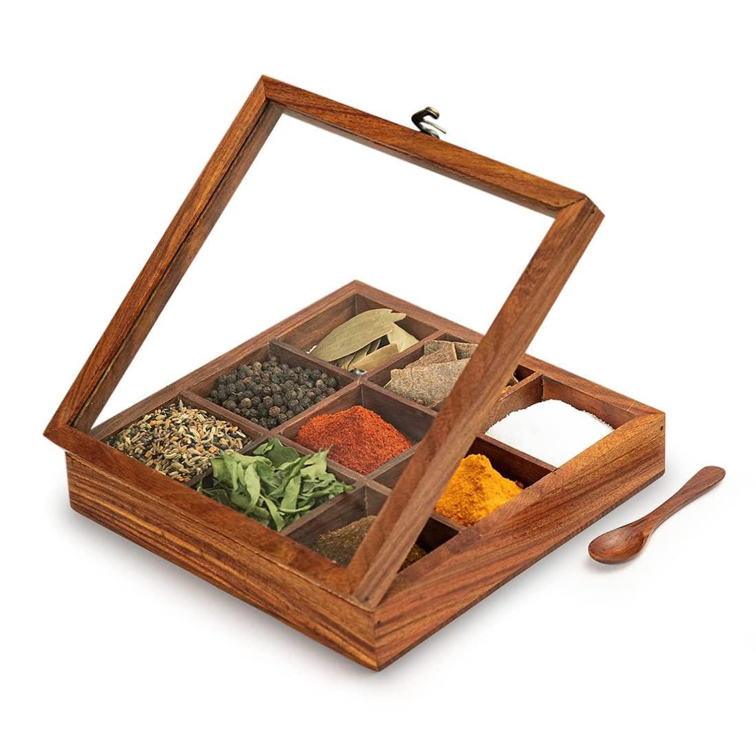 Bikler Handcrafted Antique Sheesham Wooden Spice Box with 9 Piece Container Durable Rectangular Kitchen Box to use as Spice Masala or Dry Fruit Holder or Condiment Set - AlifdukanAlifdukan types here :)