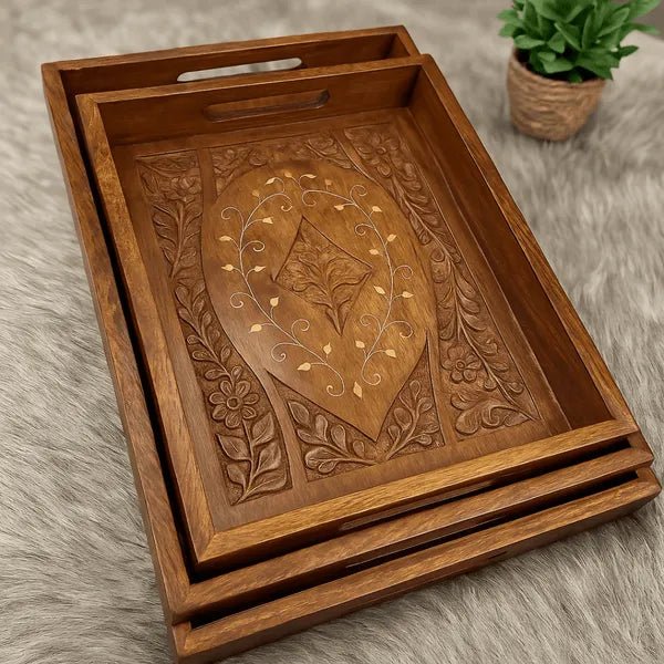 Handmade wooden carved serving tray set of 3 - AlifdukanRebel store types here :)