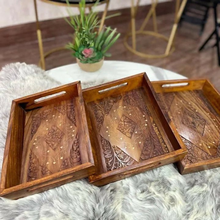 Handmade wooden carved serving tray set of 3 - AlifdukanRebel store types here :)