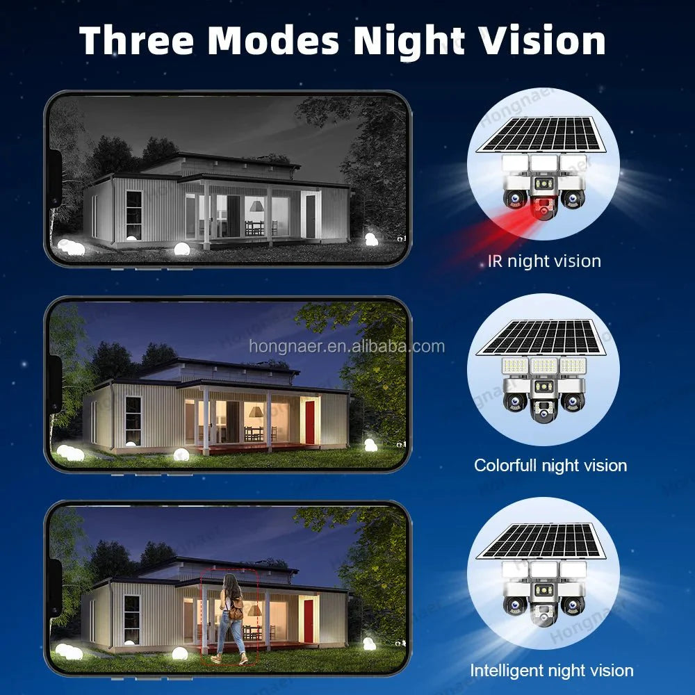 Hongnaer 6MP 3 Video 3 Lens Wireless Solar Panel Powered CCTV PTZ Camera V380 Pro Outdoor 4G Sim Card Solar Security Camera - AlifdukanAlifdukan types here :)