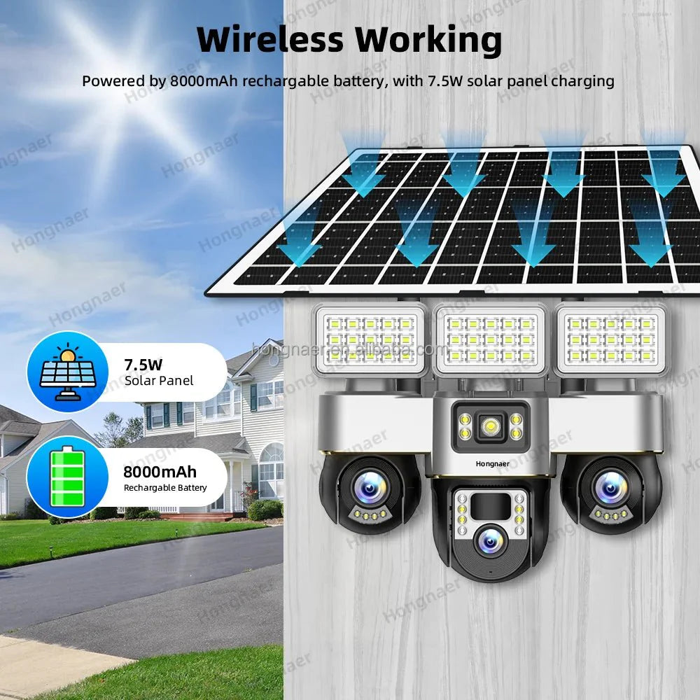 Hongnaer 6MP 3 Video 3 Lens Wireless Solar Panel Powered CCTV PTZ Camera V380 Pro Outdoor 4G Sim Card Solar Security Camera - AlifdukanAlifdukan types here :)