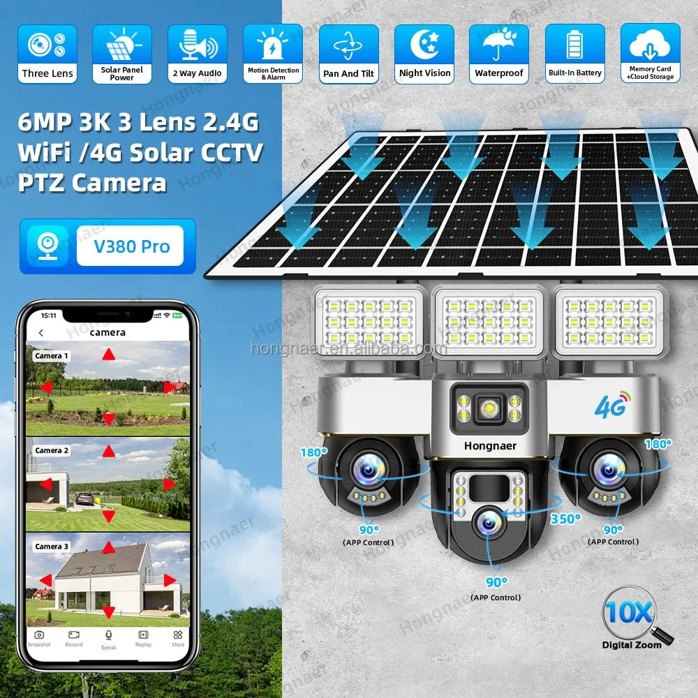 Hongnaer 6MP 3 Video 3 Lens Wireless Solar Panel Powered CCTV PTZ Camera V380 Pro Outdoor 4G Sim Card Solar Security Camera - AlifdukanAlifdukan types here :)