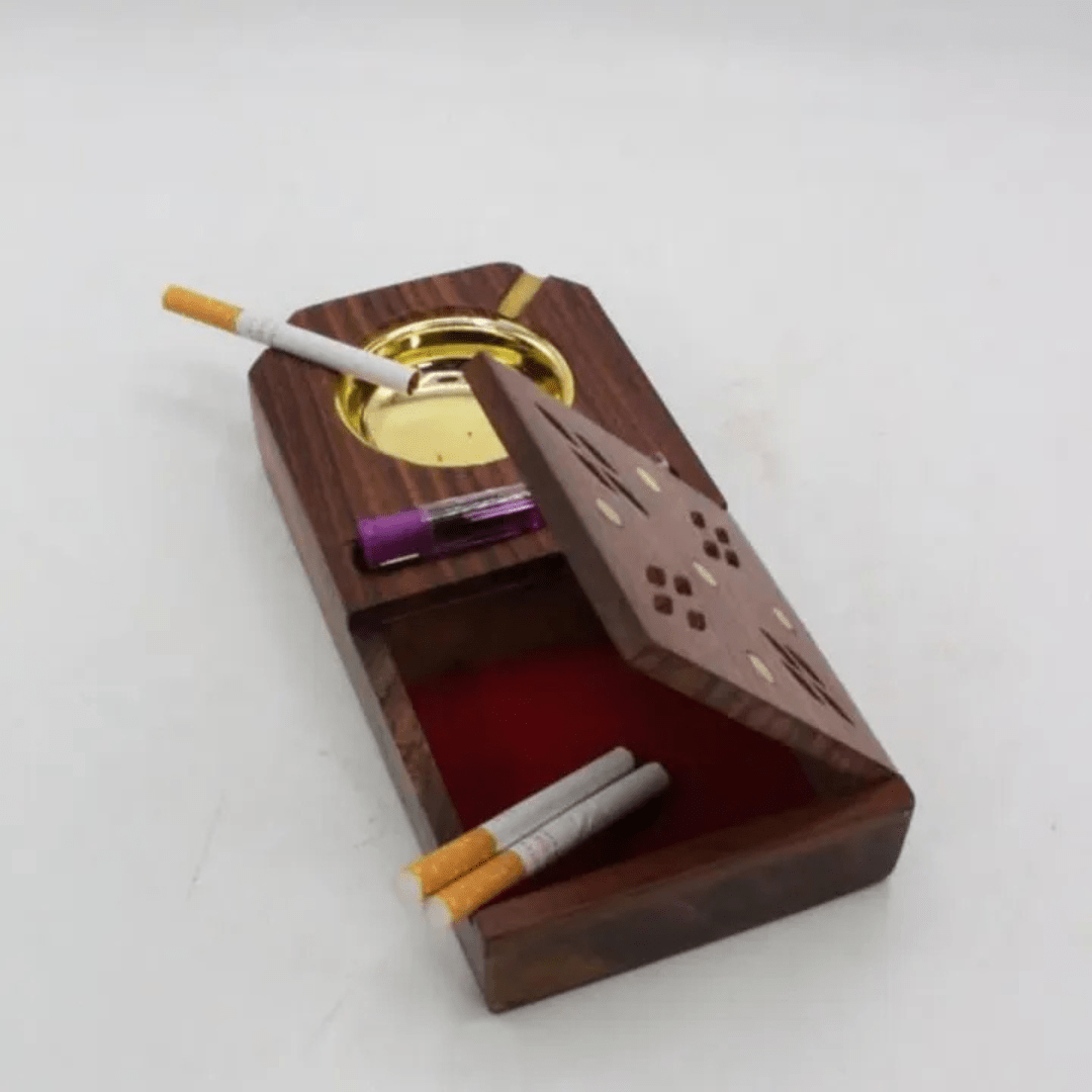 Wooden Ashtray, Ashtray With Ciggrette Box.